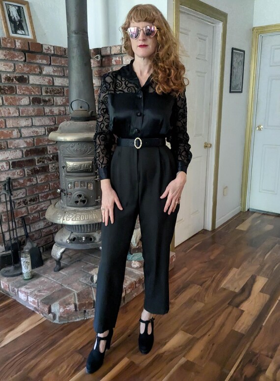 【OLD】SALSATION WEAR JUMPSUITS【USED】BLACK 80s Vintage Black Satin Jumpsuit Sheer Mesh Velvet Button up Top