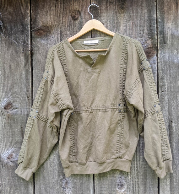 80s Vintage Olive Crewneck / Daniel Laurent Paris Riveted Studded Pullover Sweater / Modern Steampunk Military Urban Streetwear Hipster L