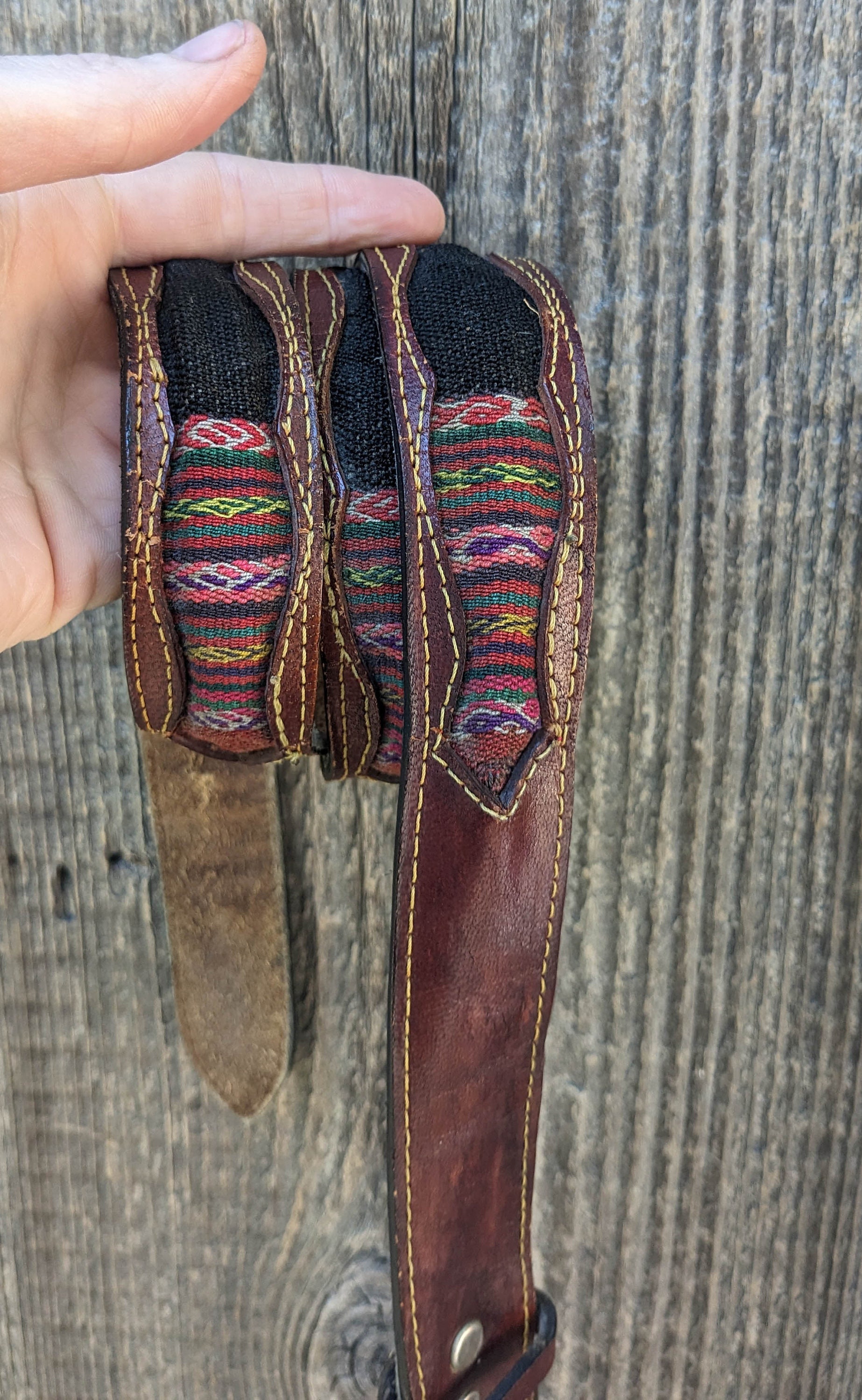 70s Vintage Brown Tooled Leather Belt / Guatemala Rainbow 
