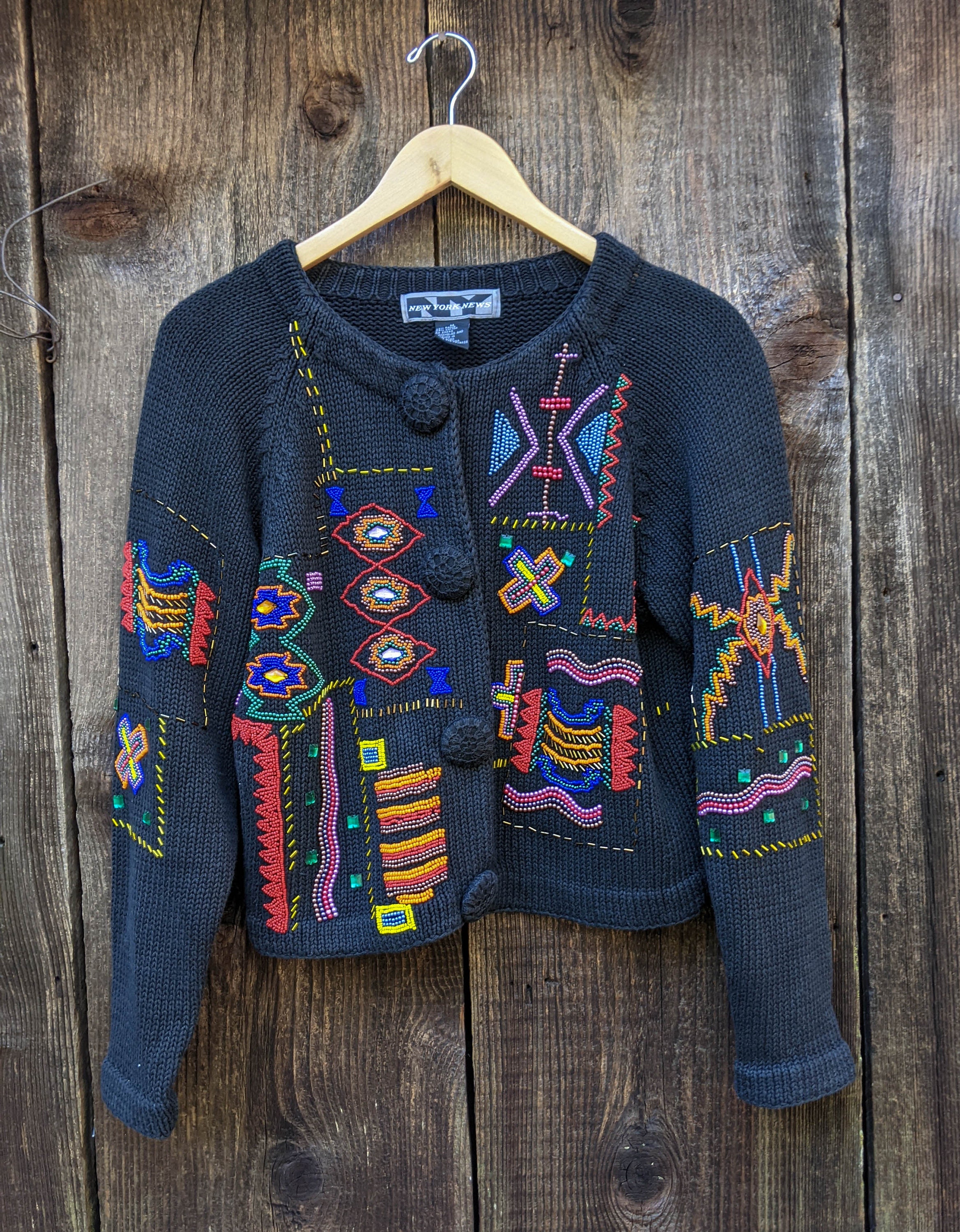 90s Vintage Abstract Beaded Knit Sweater / Black Geometric 90s Vintage Abstract Beaded Knit Sweater / Black Geometric