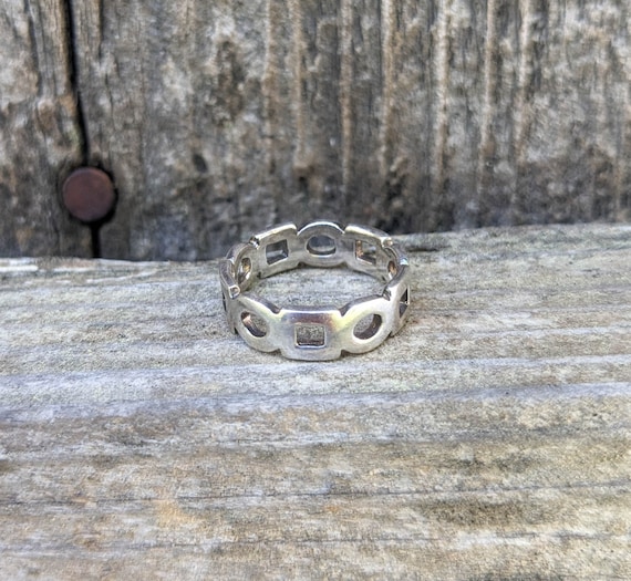 90s Vintage Silver Shapes Ring Geometric Band 7 925 Thailand 