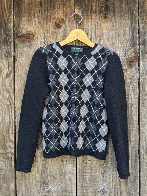 90s vintage black argyle cardigan / lambswool knit