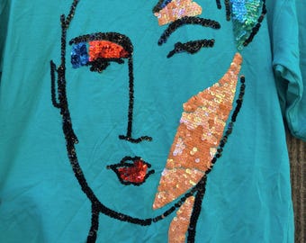90s Vintage Sequin Face T Shirt / Green Teal Cotton Bis Bis S
