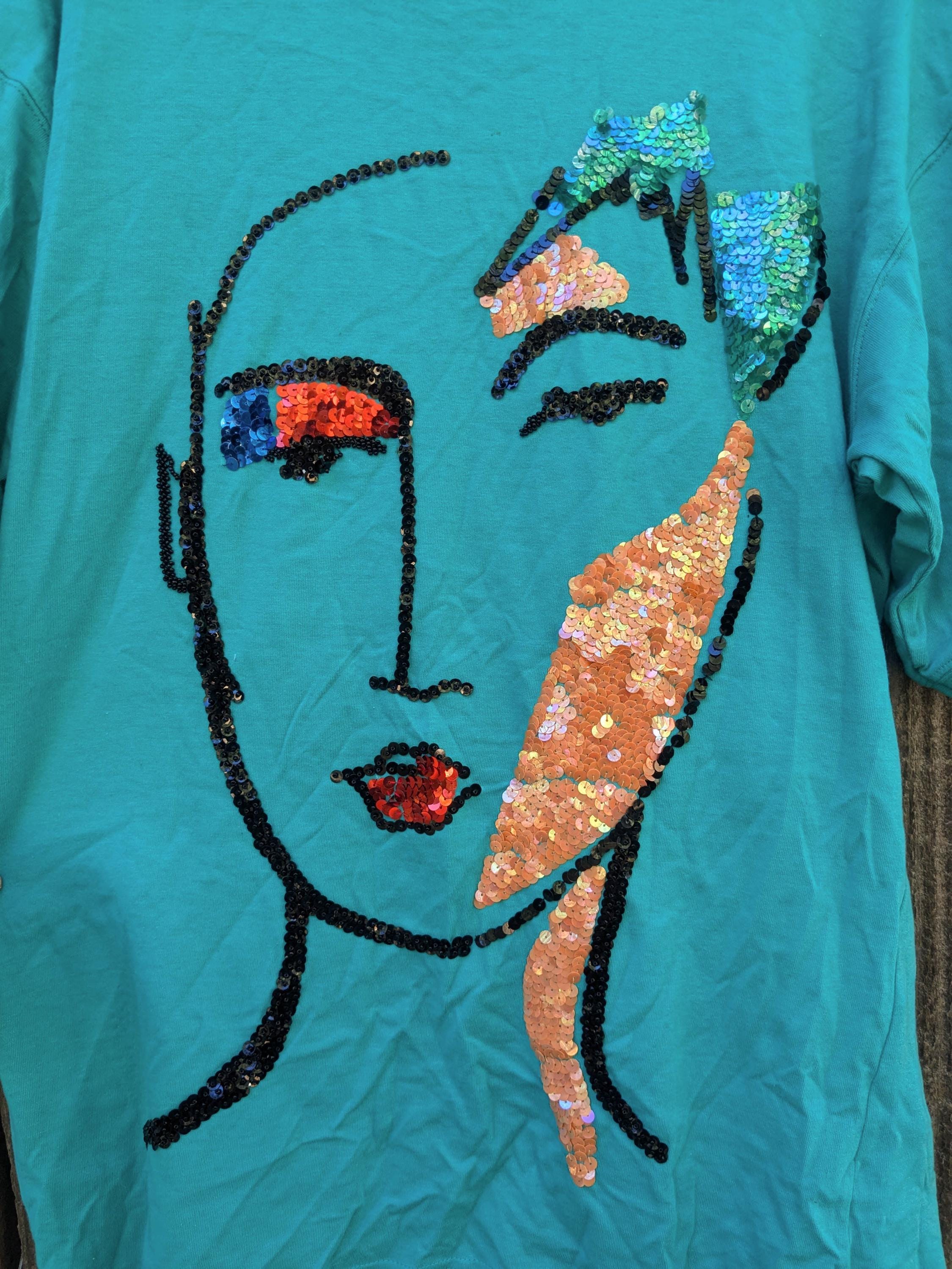 トップス Vintage 90s Face Print T-Shirt 90s Vintage Sequin Face T Shirt / Green Teal Cotton Bis Bis S