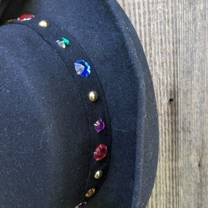 Chapeau Bowler Femme Feutre Noir - Noeud Ruban Strass Cristal - Fait Main USA Vintage