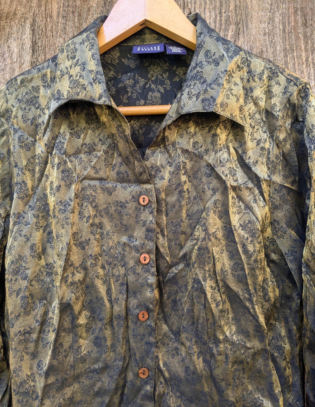 90s Vintage Y2K Gold Lame Blouse / Metallic Black Floral Button up