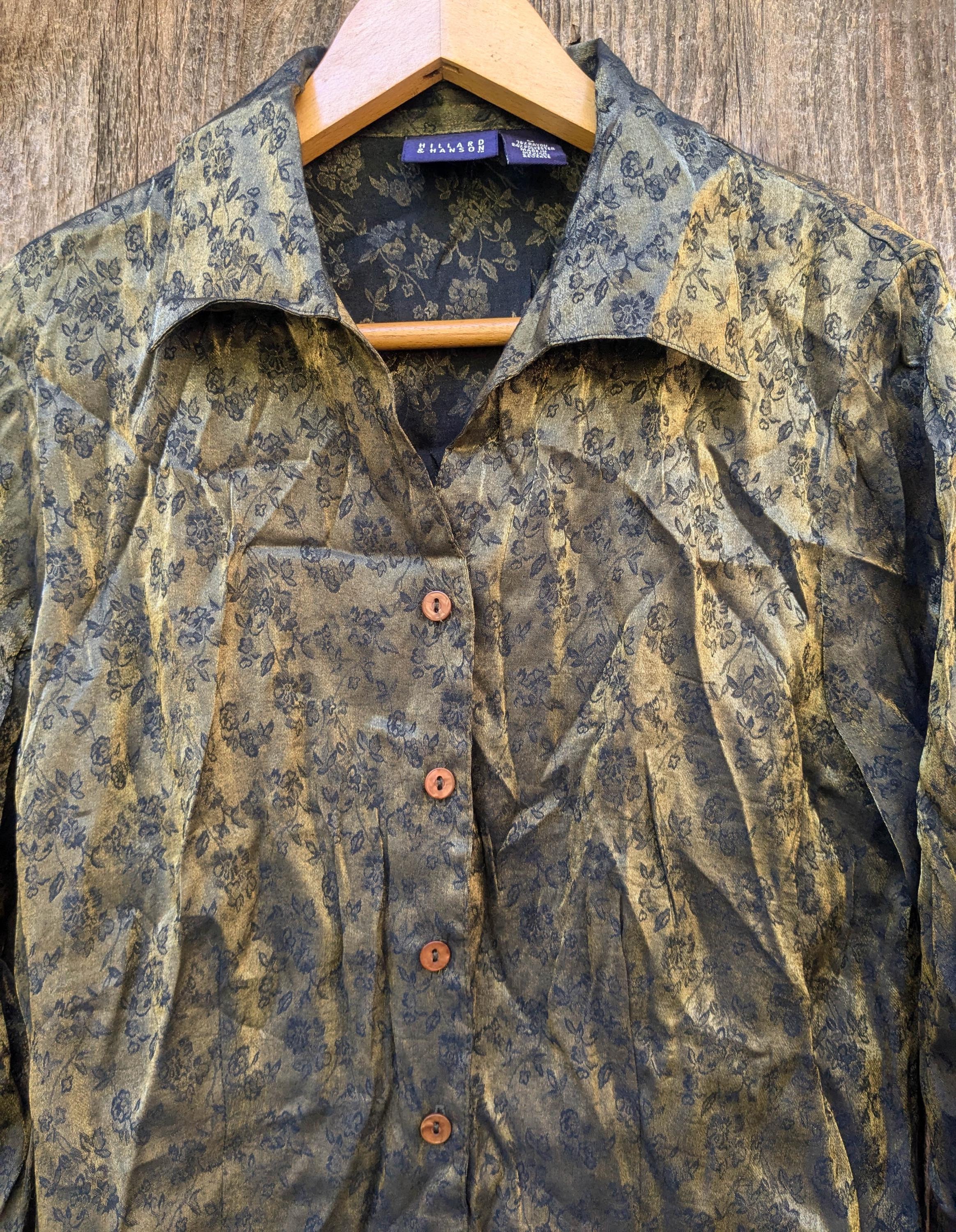 90s Vintage Y2K Gold Lame Blouse / Metallic Black Floral Button up