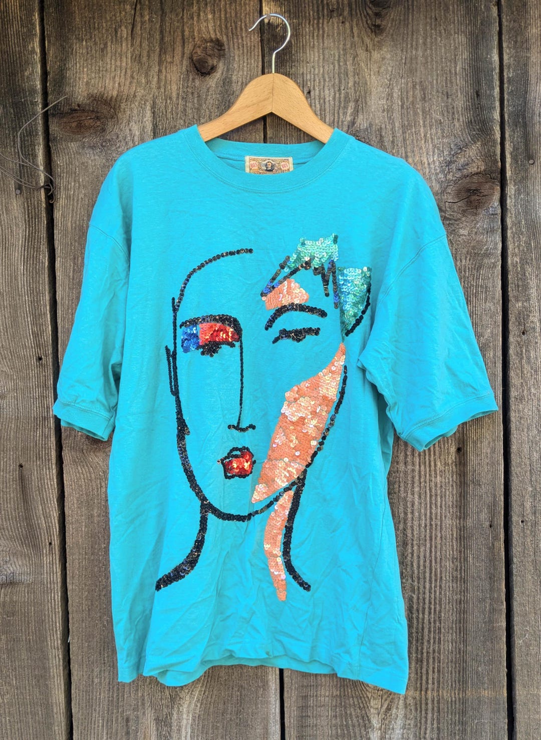 90年代ヴィンテージスパンコールフェイスTシャツ / グリーンティール