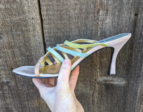 90s vintage Y2K rainbow leather strappy heels / s… - image 4