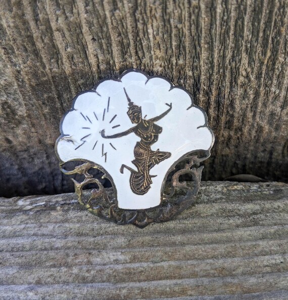 60s Vintage Siam Sterling Nielloware Brooch Pin / Thailand