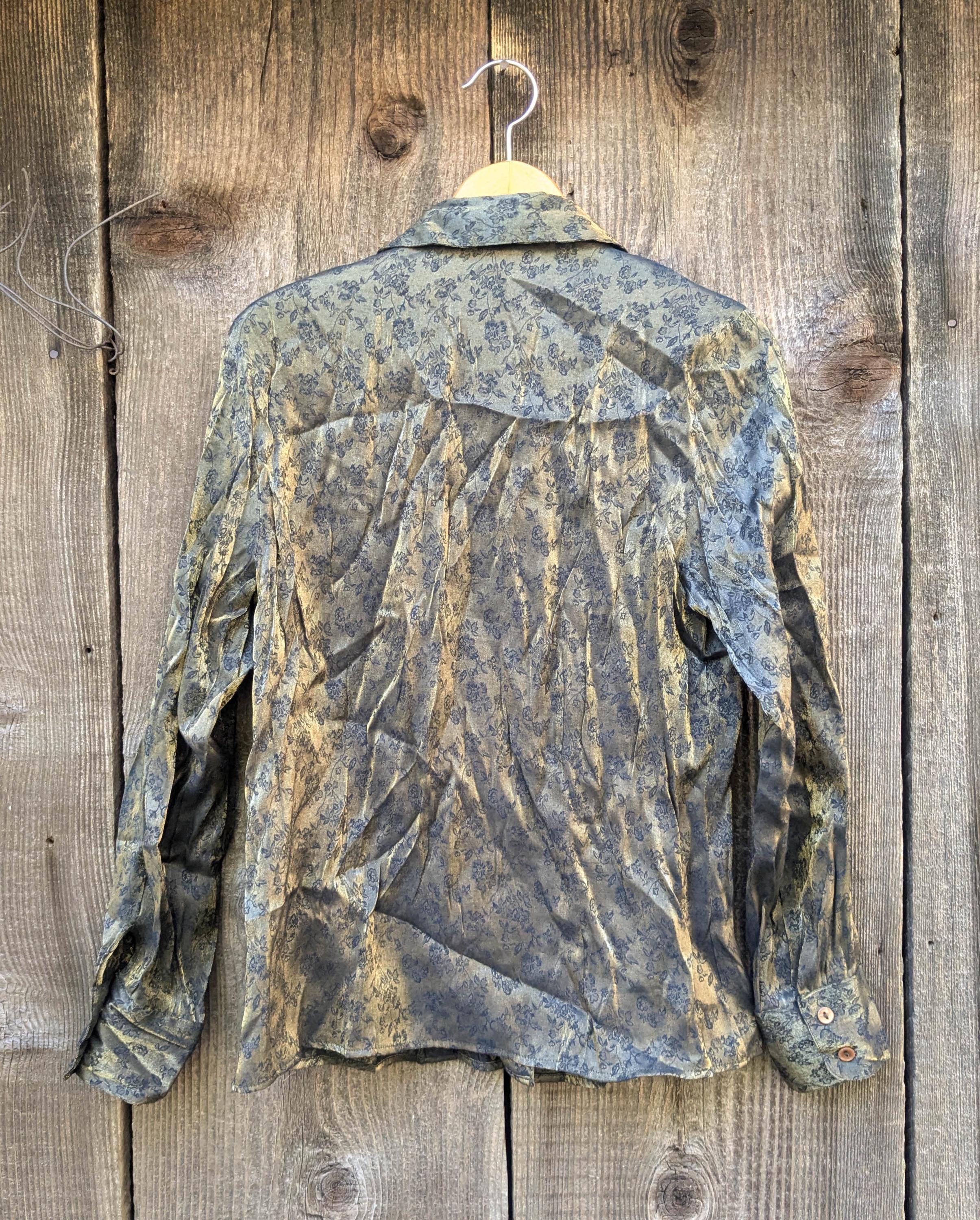 90s Vintage Y2K Gold Lame Blouse / Metallic Black Floral Button up
