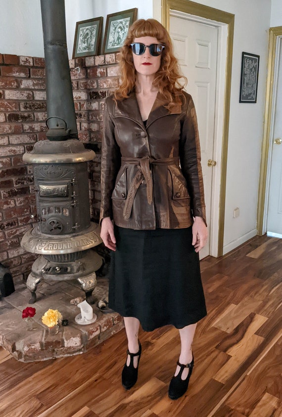 Brown leather jacket skirt discount