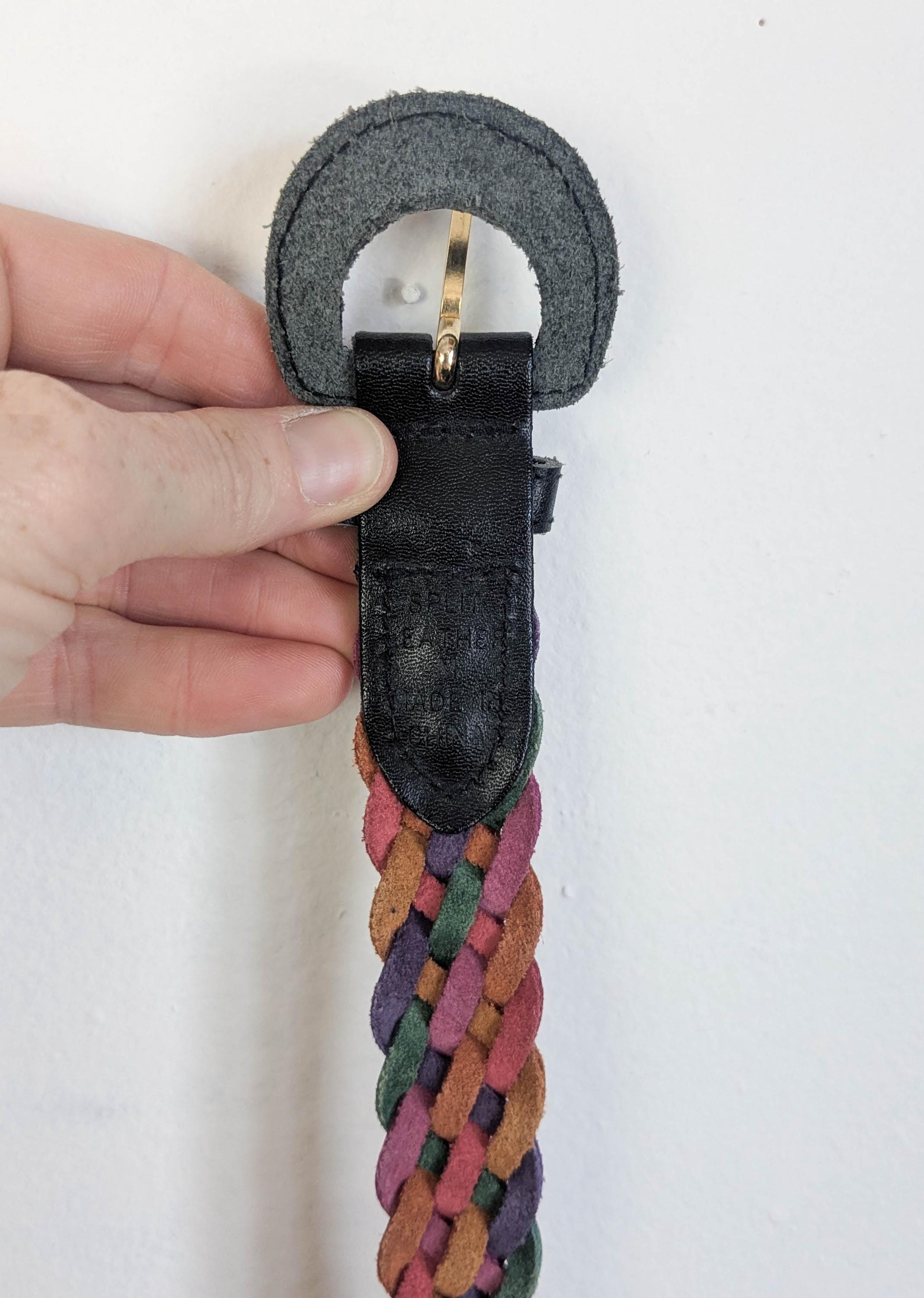 90’s Multicolor Braided Leather Belt Brass Buckle Size Small Bohemian Retro Vintage Multi Color Braided Rope Belt Purple Red Yellow Blue  main image 3