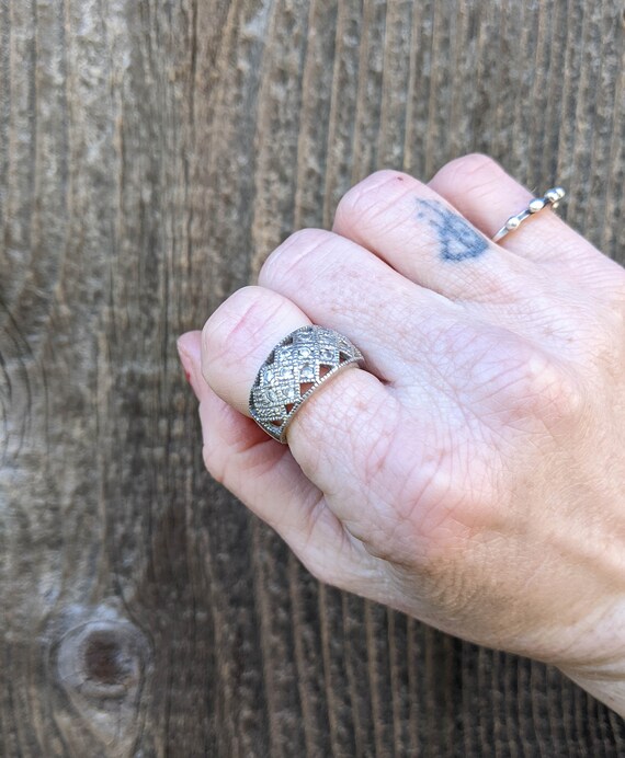 70s Vintage Silver Pave Ring / 925 Sterling Clear Stone