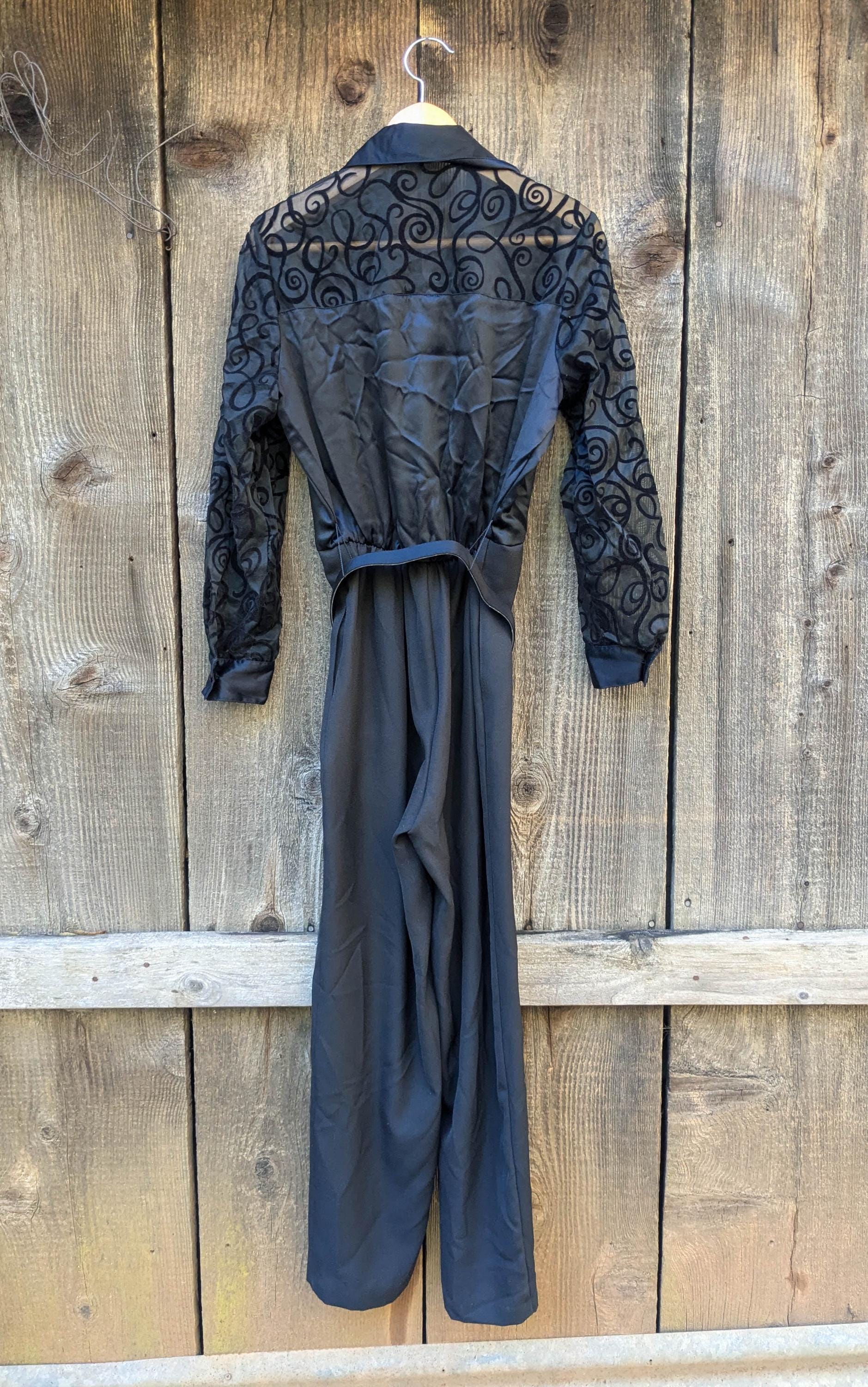 80s Vintage Black Satin Jumpsuit Sheer Mesh Velvet Button up