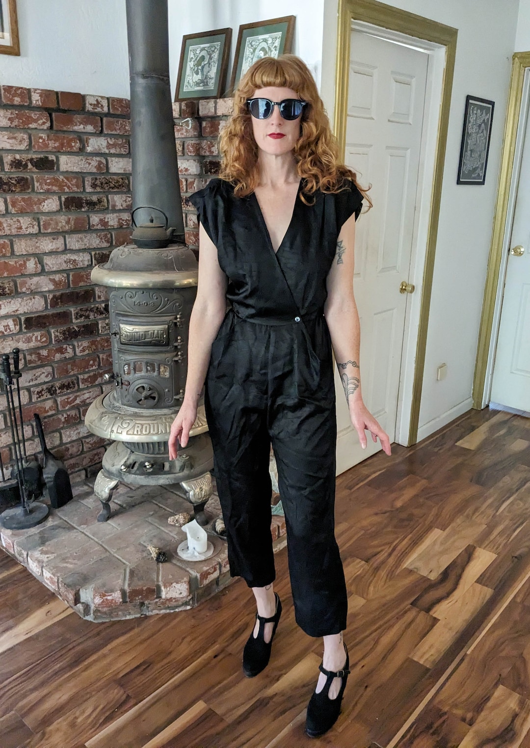 90s Vintage Black Satin Jumpsuit Plunging Neckline Shoulder Pads