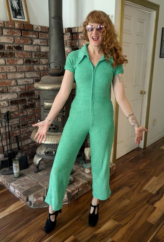 70s Vintage Frog Green Terrycloth Jumpsuit One Piece Onesie Beach Towel S Etsy UK
