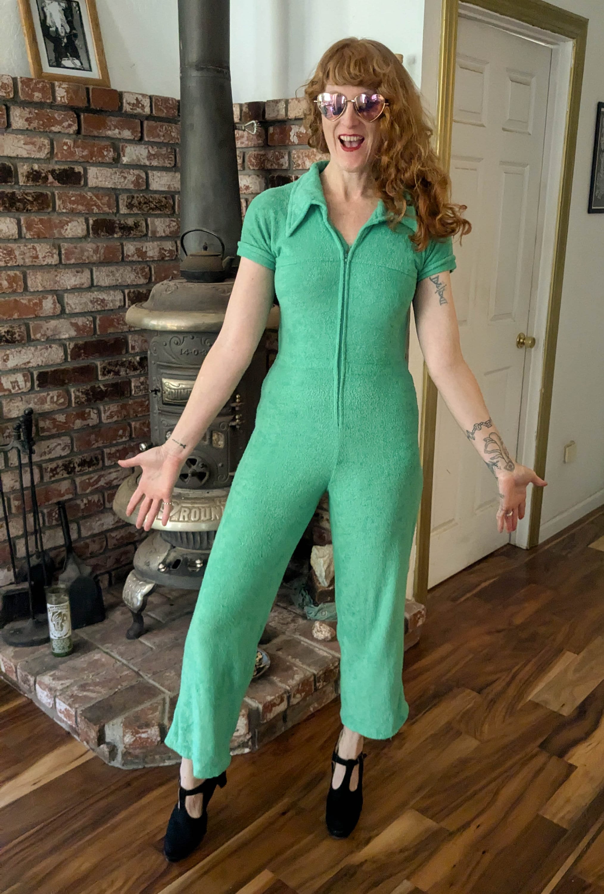 70s Vintage Frog Green Terrycloth Jumpsuit One Piece Onesie