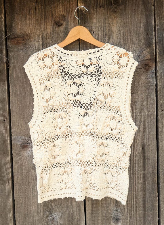 90s Vintage Crochet Vest / Cream Silk Cotton Duster Tunic