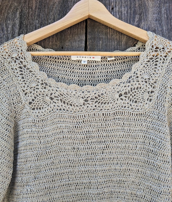 90s vintage beige crochet pullover top / bell bra… - image 4