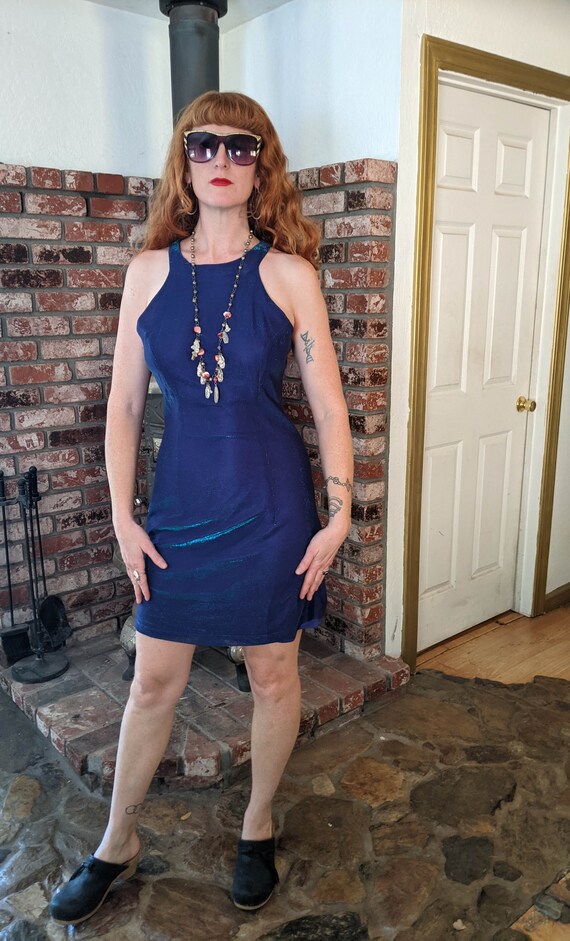 90s vintage metallic dress / blue sparkle glam ra… - image 3