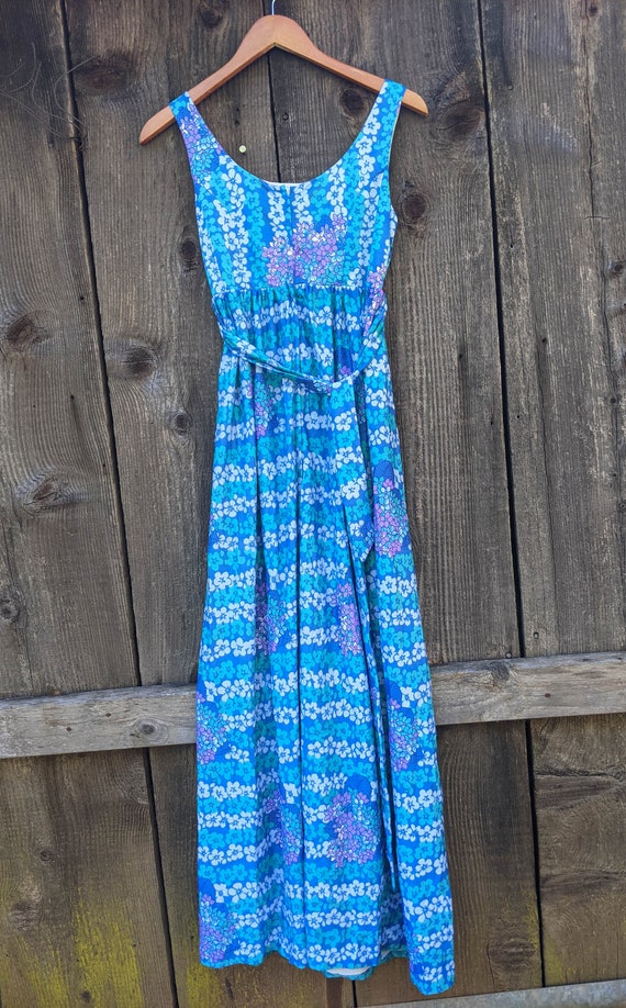 60s vintage maxi dress / floral blue green nylon … - image 8