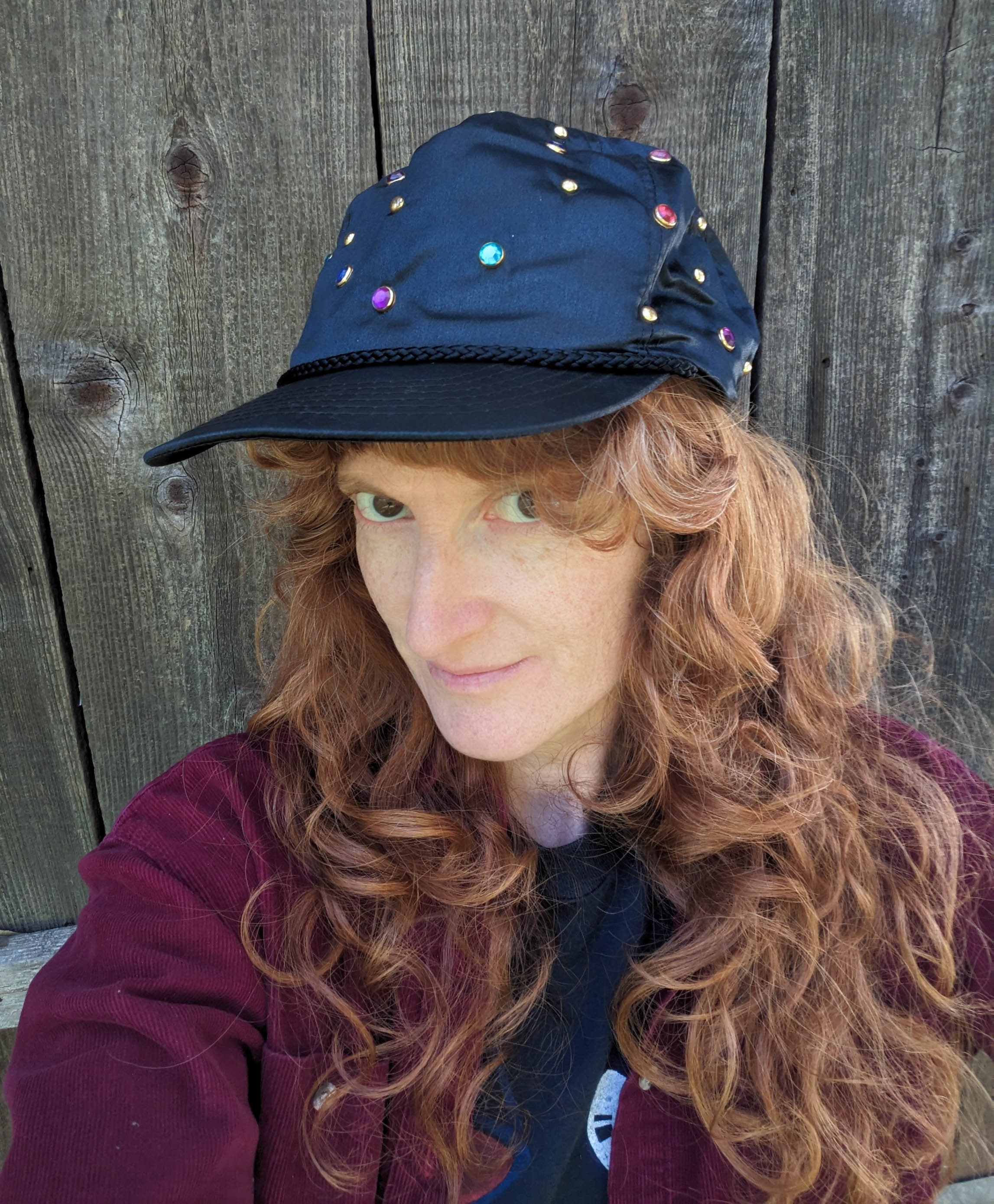 80s Vintage Rhinestone Baseball Cap / Black Nylon Bedazzled