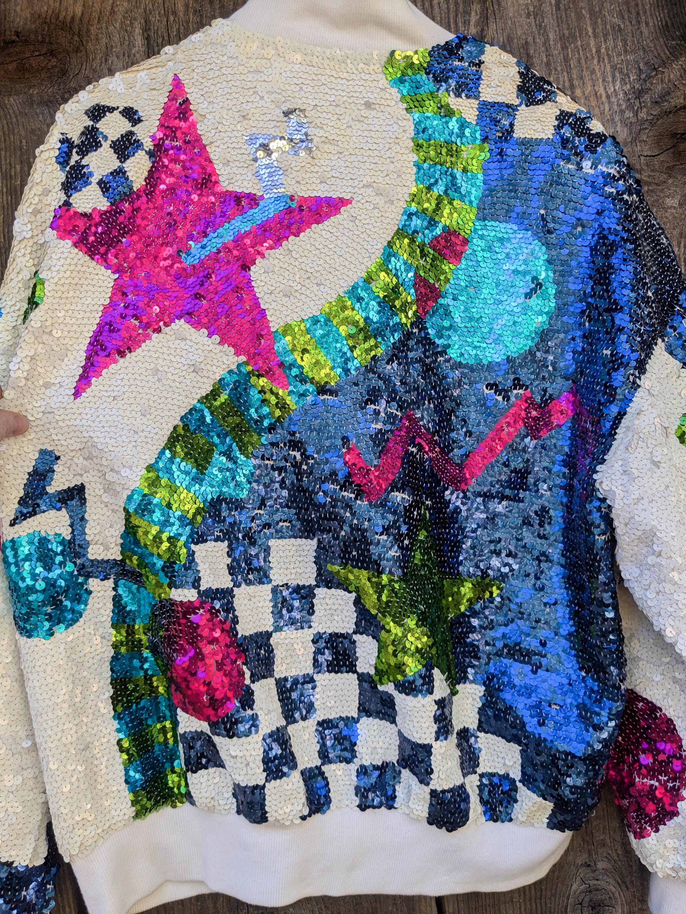 90s Vintage Abstract Sequin Bomber Jacket / White Silk