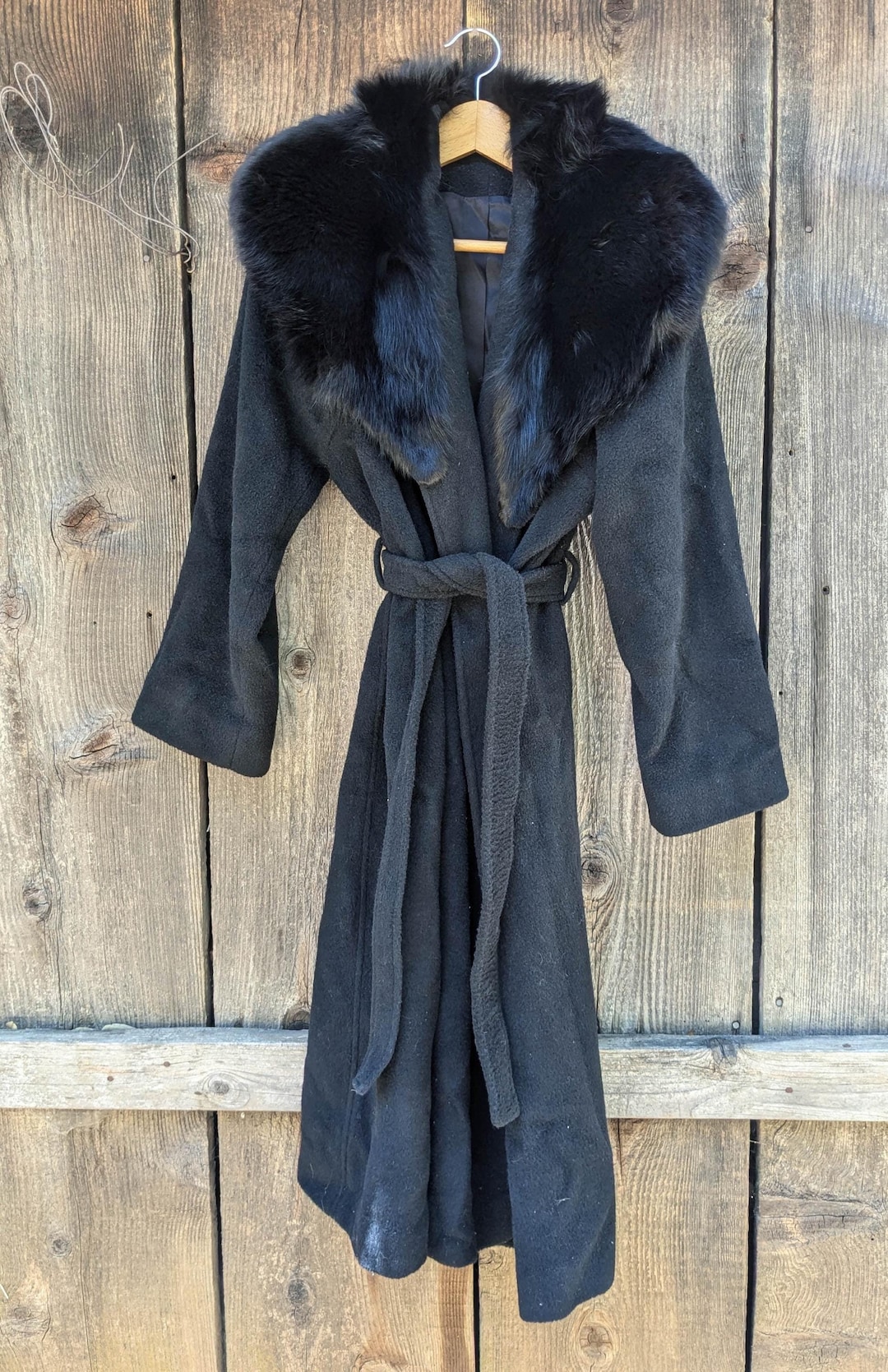 80s Vintage Black Wool Fur Trim Trench Coat Waist Tie Winter