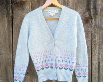 Vintage 70s Crazy Horse Wool Floral Cardigan Sweater – Slate Blue Rustic Cottagecore Knit