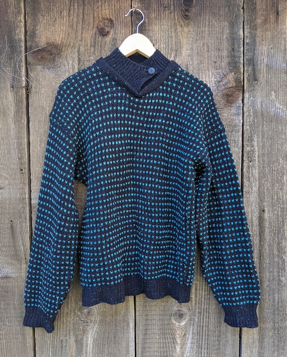 80s vintage wool knit sweater / black blue woven p