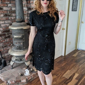 80s vintage black silk beaded cocktail dress / elegant party little black dress / sequins sparkle glitz glam Hollywood pin up formal / S