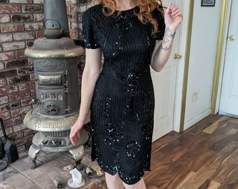 Czarna jedwabna sukienka koktajlowa z lat 80. z koralikami / elegancka mała czarna na imprezę / cekiny, błyszczący, glamour, hollywoodzki pin-up, formalny / rozmiar S