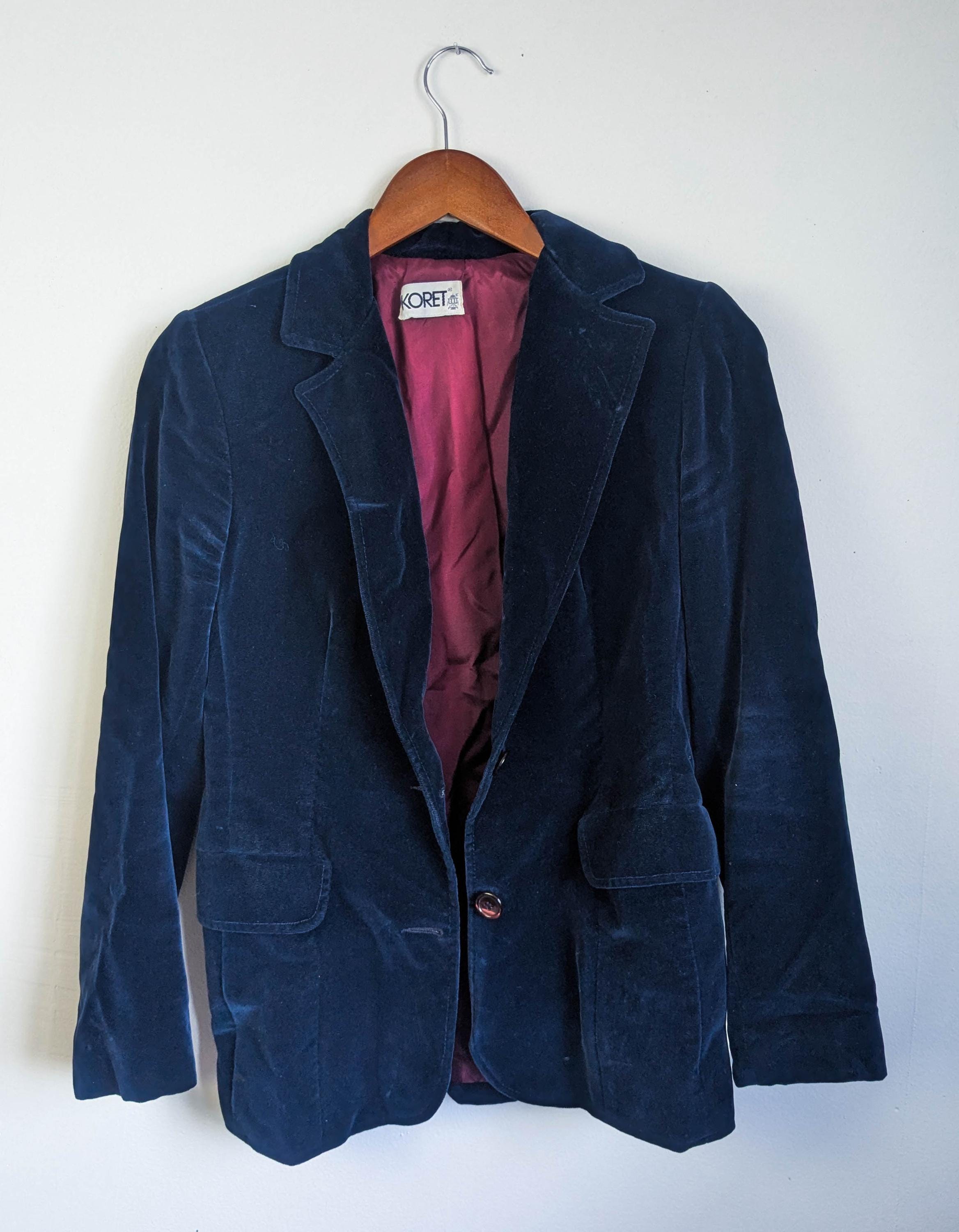 80s Vintage Velvet Blazer: Koret Midnight Blue Satin Lined (M-L