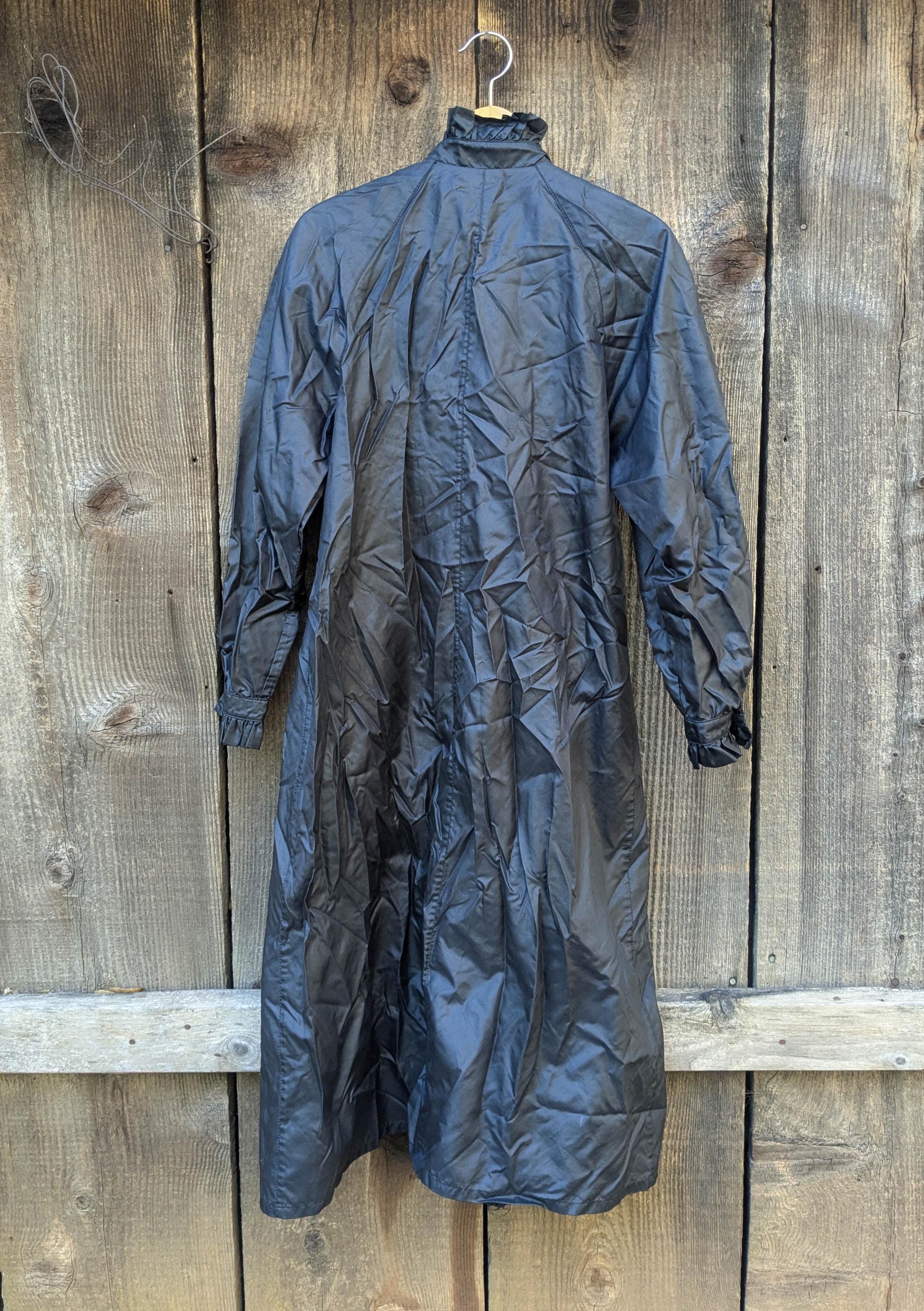 80s Vintage Black Ruffle Collar Raincoat Trench Coat Jacket