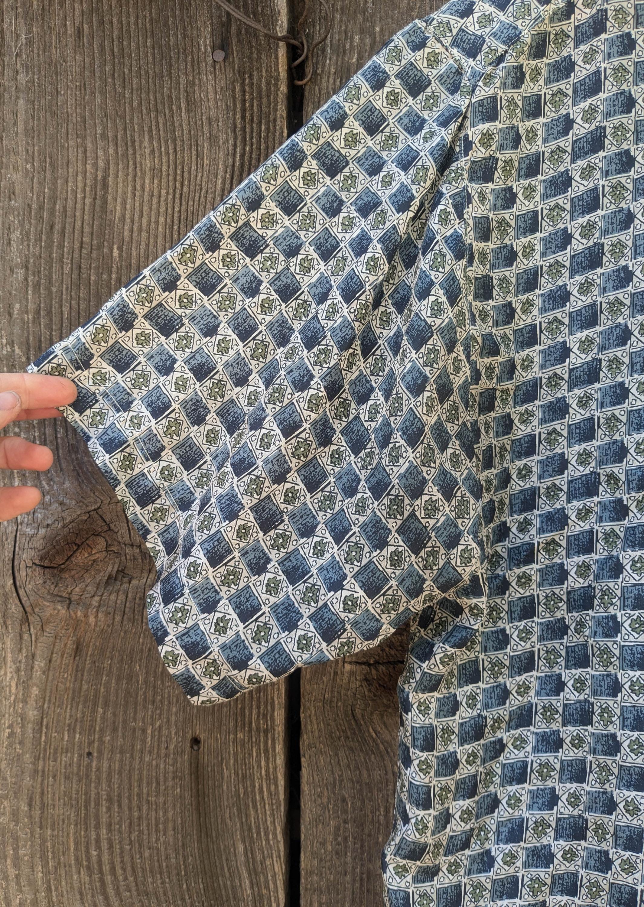 90s Vintage Silk Pattern Button up Shirt / Mens Lhomme M Square Check ...