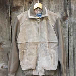 70s vintage beige suede knit jacket sweater bomber / brown Mervyns Mens Collection L zip up / retro groovy mod hipster rocker preppy classic