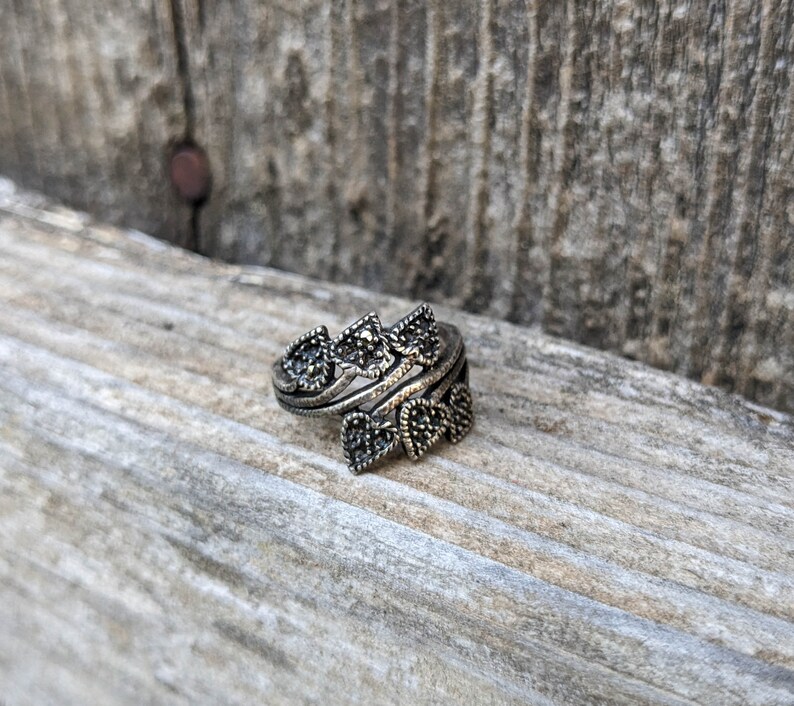 80s Vintage Silver Leaf Ring / Marcasite Pave Set Gem Sparkle / Boho ...