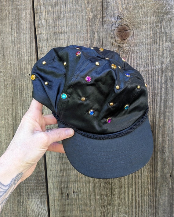 80s vintage rhinestone baseball cap / black nylon… - image 3