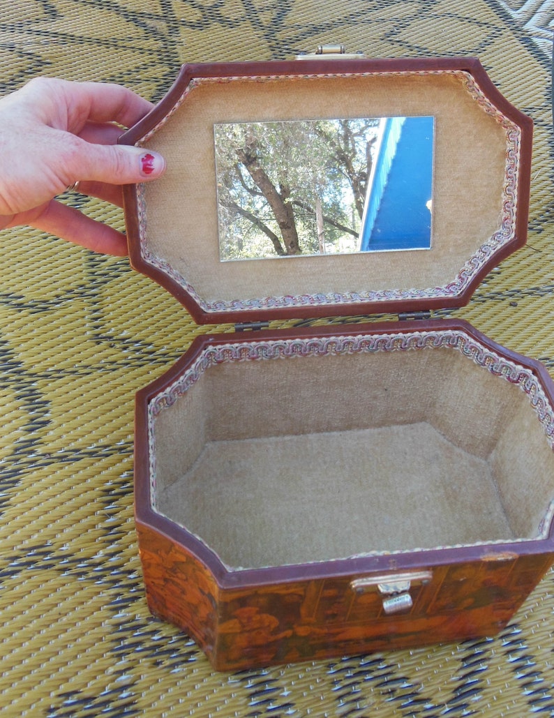 60s vintage decoupage box purse wood lacquer lucite make up case handbag gold glitter resin handle artisan scene old timey collectible