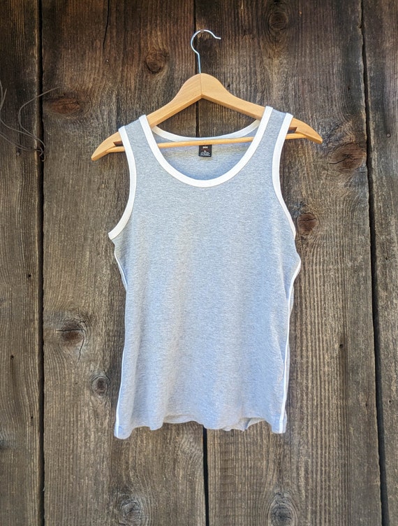 80s Vintage Athletic Tank Top / Gray White Striped Sports Sporty