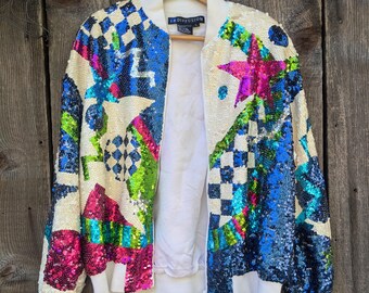 90s Vintage Abstract Sequin Bomber Jacket / White Silk Geometric