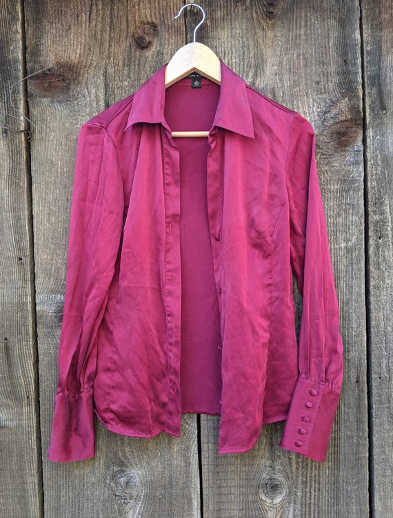 90s Vintage Red Silk Blouse / Banana Republic Maroon Button Cuffs