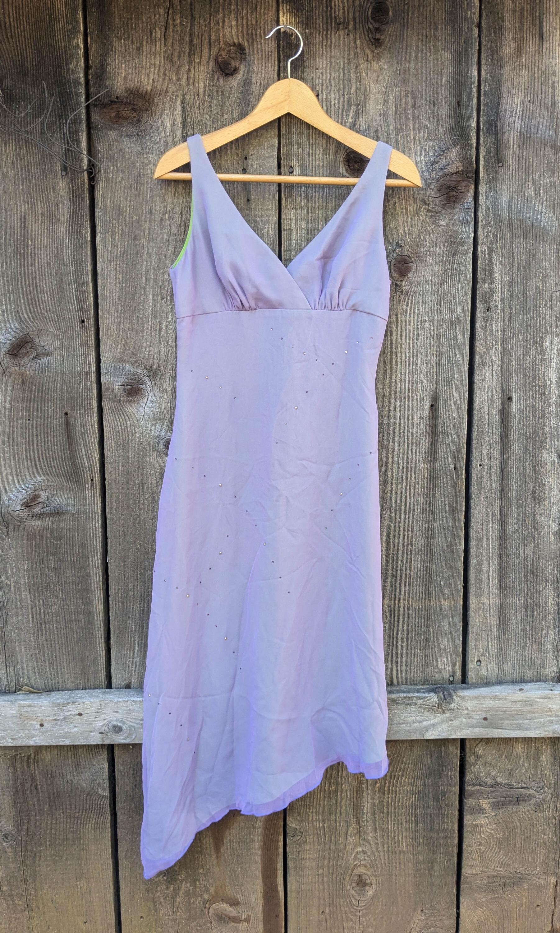 90s vintage Y2K silk dress / purple green rhinestone asymmetrical hem gauzy / Andrea Polizzi Rex Lester 4 S / prom party cocktail dresss