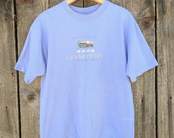 Camiseta vintage dos anos 90 do Parque Nacional Grand Teton / Camiseta de lembrança de viagem do Wyoming, lavanda, algodão, EUA, Anvil, tamanhos M e G / para camping, trilhas, atividades ao ar livre e ecoturismo