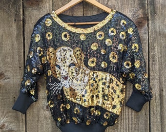 80s vintage leopard sequin top / cheetah beaded pullover sweater / black gold animal print statement retro glam formal party girl costume M