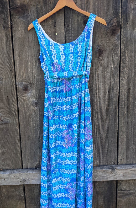 60s vintage maxi dress / floral blue green nylon … - image 7