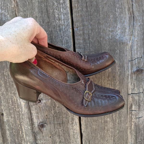 40s vintage brown leather oxfords slip on shoes / low heel peep open toe perforated buckle / film noir steampunk costume mid century WWII 6