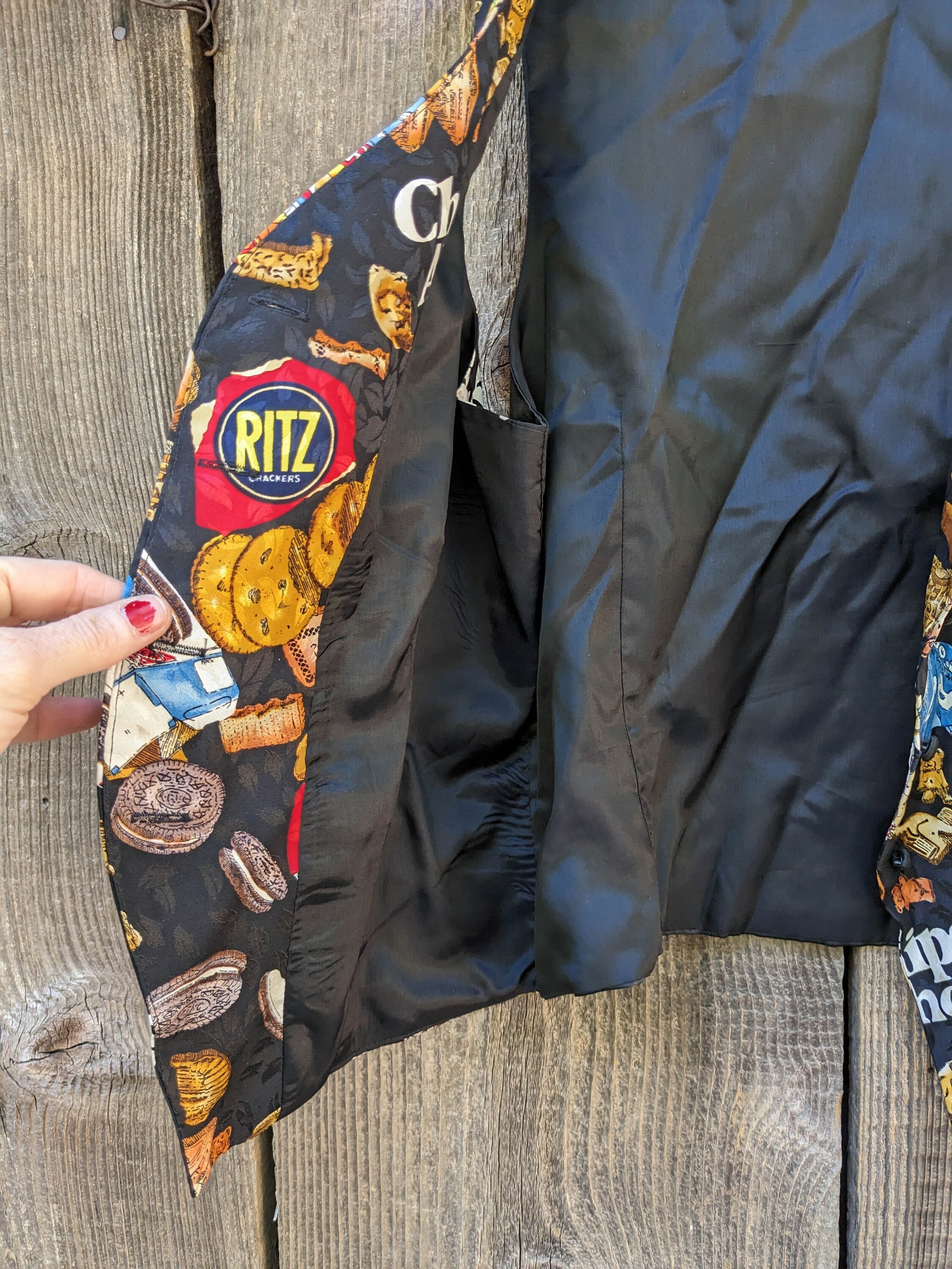 90s Vintage Nicole Miller Silk Vest / Junk Food Snacks Pop Culture