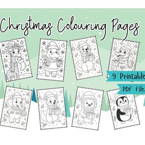 May include: A collection of nine printable Christmas coloring pages featuring various animals, including a giraffe, hippo, otter, alligator, elephant, fox, lion, and penguin. Each animal is dressed in festive attire and holding a gift. The text "Christmas Colouring Pages" is at the top.
